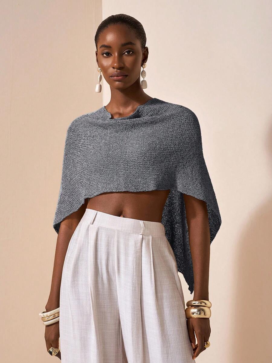 Zivah 性感披肩斗篷百搭针织披肩细肩带 V 领不对称肩部设计上衣，度假风格 - 灰色 - 查看 1