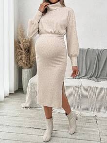 SHEIN Maternity Autumn Casual Photoshoot Dress,Pregnant Women's Solid High Neck Long Sleeve Split Thigh Beige Dress,Fall Pregnancy Outfits Dress - Grey - View 4