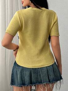 EURMUSE Áo len cổ tròn có chi tiết nơ cho nữ - Màu vàng - Xem 2