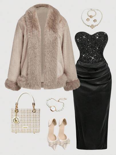 SHEIN MOD Christmas Plus Size Faux Fur Cardigan, Elegant Mocha Brown, Versatile Long Sleeve Jacket For Autumn/Winter Fall,Casual Blouse For Women,Fur Coat For Women,Winter Fur Coat Women