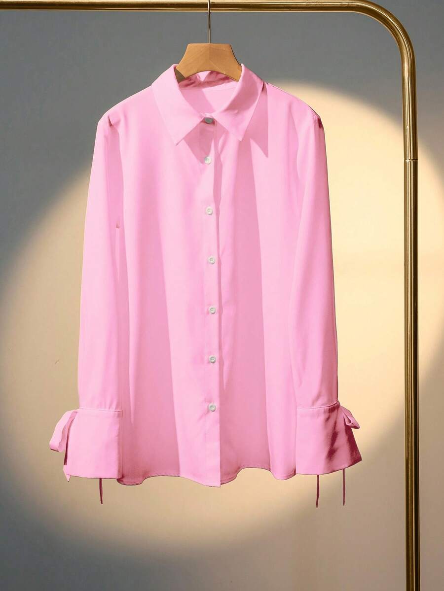 SHEIN LUNE 女式休闲长袖系带白色纽扣衬衫,春季 - 玫紅色 - 查看 1