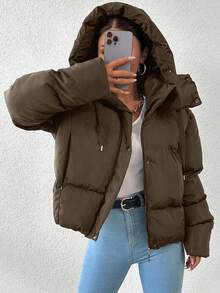 EURMUSE Women's Solid Color Long Sleeve Zipper Front Drawstring Hooded Casual Winter Jacket - Brown - View 4