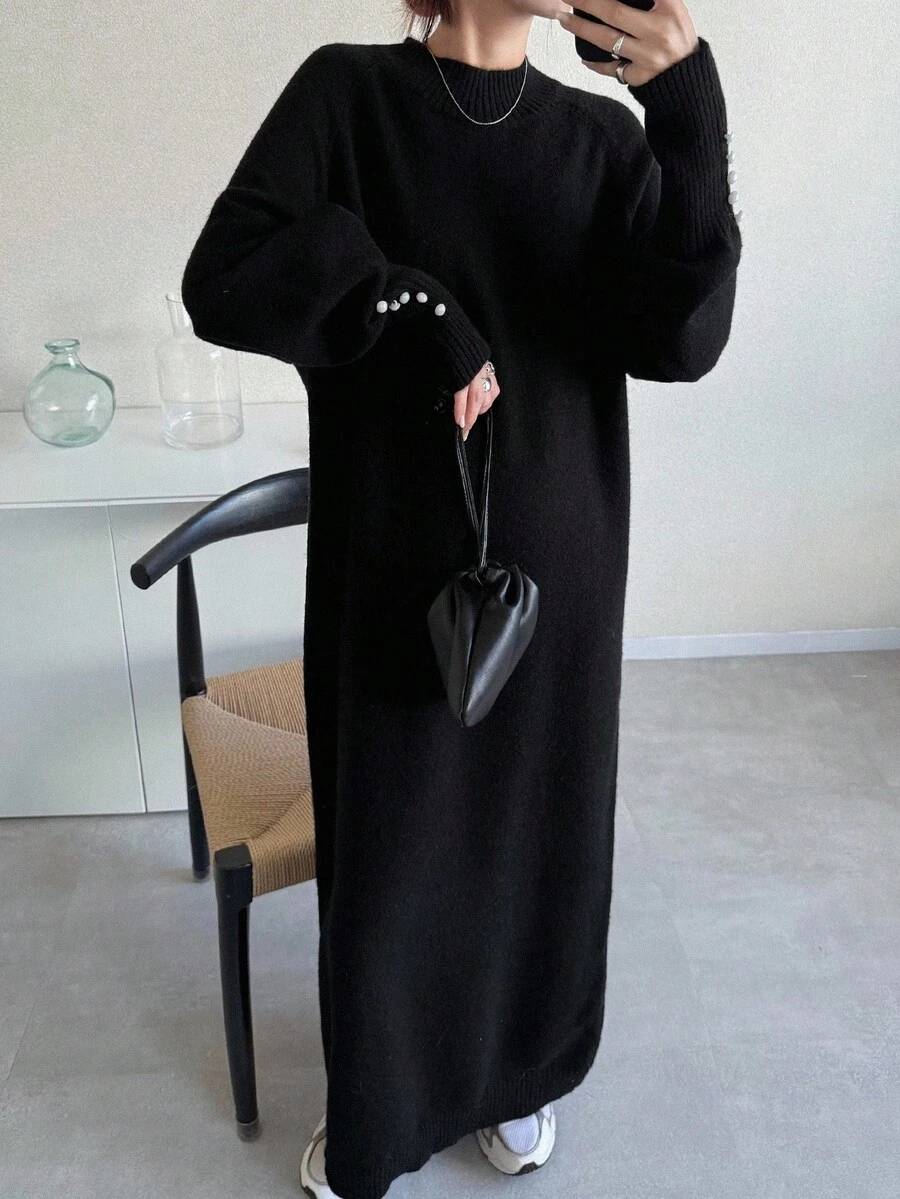 FRIFUL 女式黑色纯色宽松中长连衣裙，高领，落肩，长袖，仿珍珠装饰袖口，休闲百搭，秋季毛衣裙 - 黑色 - 查看 1