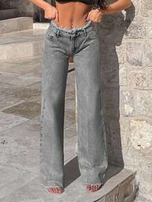 EURMUSE 100%Cotton Rigid, Belt Detailed Wideleg Fit - Grey - View 5