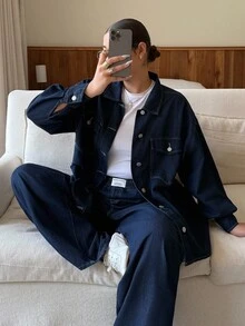 Dripcurv 大码女装两件套：一件无弹力长袖开衫外套，配有松紧腰带和小布标装饰；一条无弹力修身直筒裤。适合新年、休闲度假和圣诞节穿着。 - 藍色 - 查看 1