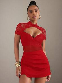 Hauture Lace Mesh Mock Neck Lace Up Back Bodysuit With Padded Bust