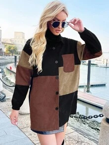 EMERY ROSE Fall Winter Women Multi-Color Clash Coat,Casual Black Brown Contrast Detail Design Button Shirt Collar Pocket,Business Office Workplace Occasion Coat - Brown - View 5