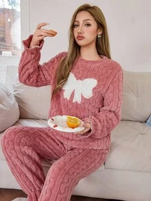 Softscene 女士提花抓绒拼接蝴蝶结长袖上衣和裤子毛绒柔软舒适蓬松睡衣套装，秋冬服装 - 粉色 - 查看 4