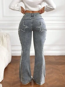 SHEIN Tall Women's Pocket Frayed Hem Casual Flare Leg Jeans - Blue - View 2