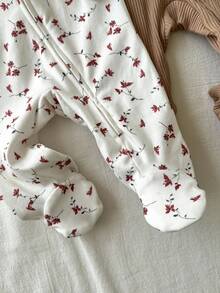 Loomiva Newborn Baby Boy/Girl Floral Print Soft Knit Crew Neck Long Sleeve Jumpsuit 2 Pieces Cute Zippered Multicolor Polyester Set Fall Winter - Multicolor - View 5