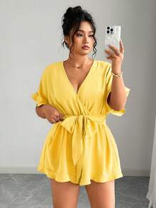 Elenzga Plus Size Women Woven Solid V-Neck Ruffle Sleeve Tie Waist Wide Leg Jumpsuit, Casual Holiday - Pale Yellow - View 4