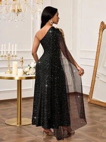 SHEIN Lady Women's Elegant Sequin Floral Decor Mesh Patchwork Sleeveless Dress, Summer - Black - View 2