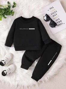 SHEIN Playful Pals Bộ 2 quần dài in khẩu hiệu tiếng Anh thường ngày cho bé trai, mùa xuân và mùa thu - màu đen - Xem 1