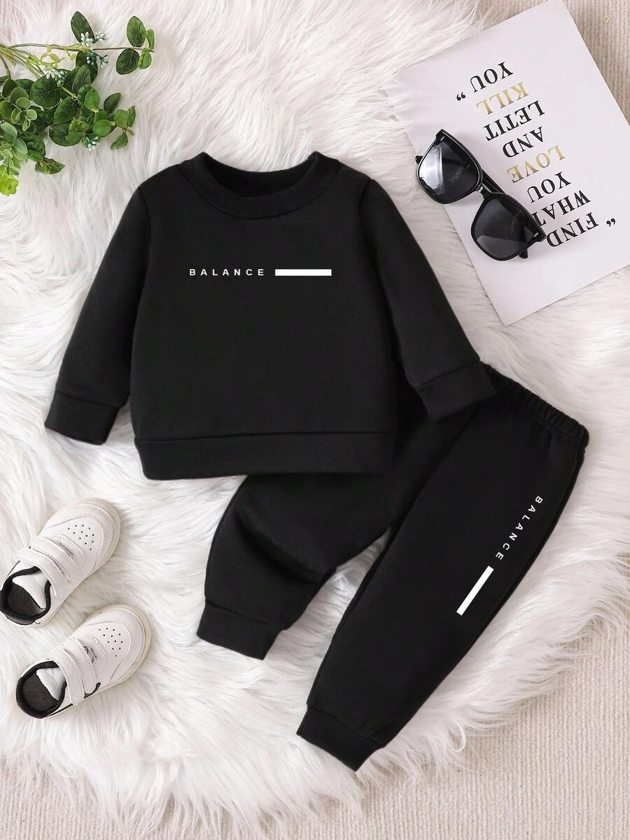 SHEIN Playful Pals Bộ 2 quần dài in khẩu hiệu tiếng Anh thường ngày cho bé trai, mùa xuân và mùa thu - màu đen - Xem 1