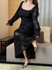 Flirla Rochii formale noi pentru femei, rochie de seară, rochie din dantelă strălucitoare, cu decolteu pătrat și mânecă lungă, rochie maxi plisată cu croială slim fit, talie A-line, pentru petrecere, nuntă - Negru - Vizualizare 4