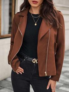 SHEIN Unity Chaqueta delgada y versátil con cuello de solapa para mujer - Café integral - Ver 6