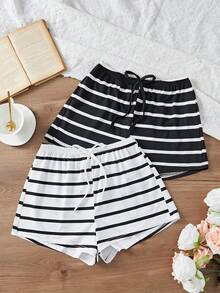 Snug Zone 女士简约日常黑白条纹两件套睡眠短裤 - 黑與白 - 查看 1