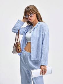 LOUNGEISTA 2pcs/Set Women's Striped Button-Front Long Sleeve Pajamas With Straight Leg Elastic Waist Pants, Home Wear,Two Pieces Set, Light Blue Pajamas, Fall Clothes - Blue - View 6