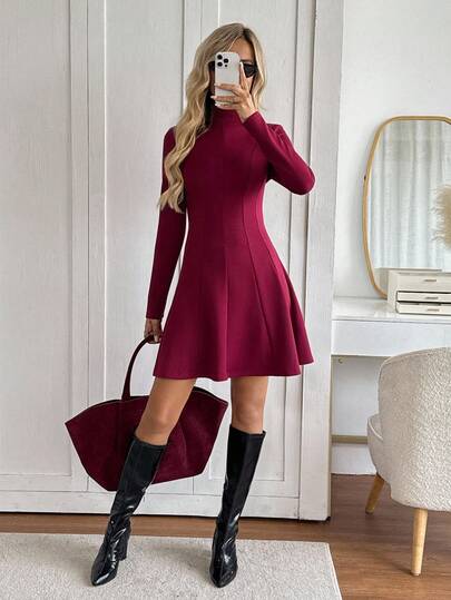 Easowa High Neck Fitted Waist A-Line Midi Dress, Long Sleeve Casual Loose Commuter Retro Style Women Short Dress Mock Neck Dress Turtle Neck Dress Winter Dresses Women Wine Dress Long Sleeve Elegant Dress