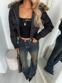 Aloruh Áo khoác ngắn có đệm, cổ lông giả và mũ trùm đầu dành cho nữ mùa thu đông - trắng - Xem 2