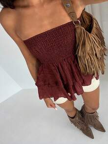 Glamine Textured Pleated Fabric Elastic Bandeau Top With Ruffle Hem Tube Top Shirred Tube Top - Redwood - View 1