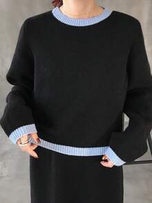 FRIFUL 女式海军蓝纯色撞色领子拼接针织毛衣裙，带吊带，两件套机场旅行装，秋季 - 黑色 - 查看 7