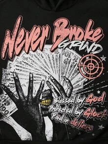 ROMWE MEN Street Life Áo nỉ có mũ trùm đầu dài tay in chữ và ngôi sao năm cánh thường ngày cho nam, mùa thu/đông - màu đen - Xem 3