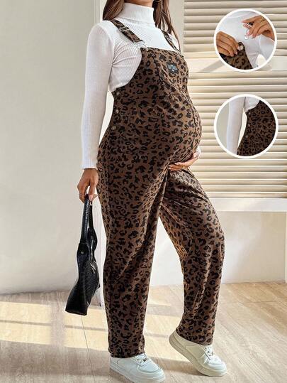 SHEIN Pregnant Women's Leopard Print Casual Loose Sleeveless Jumpsuit  Brown   Fall Clothes For Women Maternity  Jumpsuit Pregnant Outfits Maternity Corduroy Overalls Maternity Leopard Overalls Maternity Jumpsuits For Women Maternity Overalls