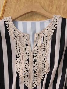 Rusticease 女士撞色蕾丝条纹V领宽松时尚衬衫，女士秋冬上衣，休闲女士感恩节上衣 - 彩色 - 查看 5