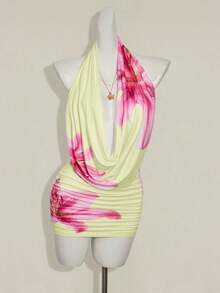 SHEIN ICON 女式性感花卉印花低胸露背迷你连衣裙，夏季 - 淡黃色 - 查看 3