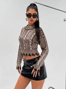 EURMUSE Women's Autumn Round Neck Drop Shoulder Long Sleeve Cropped Fashionable Metallic Embossed Cable Knit Pullover Sweater,Jumper,Cream Jumper,Jumpers,Christmas Jumper,White Jumper,Black Jumper,Ladies Jumper,Women's Jumpers - Brown - View 1