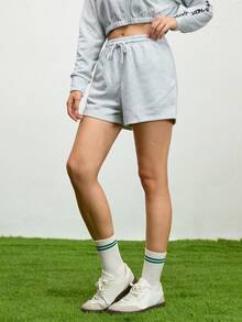 SHEIN Sports Quần short thể thao trơn màu thường ngày, mùa hè - Màu Xám nhạt - Xem 4