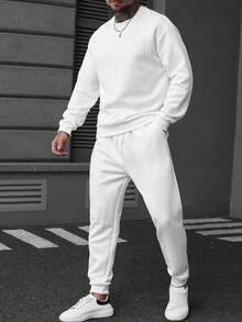 Manfinity CasualCool Men's Casual Crew Neck Long Sleeve Sweatshirt And Pants Set Men White Sweatsuit Set 2 Pieces Sweatsuit Set Men Men 2 Pieces Outfit White White Sweat Set Men 2 Pieces Set Men White , Fall Clothes