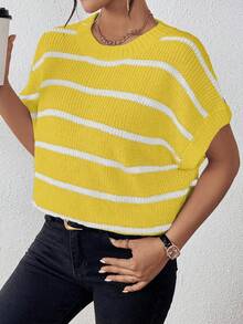 EMERY ROSE Contrast Stripe Batwing Sleeve Loose Knit Sweater - Yellow - View 5