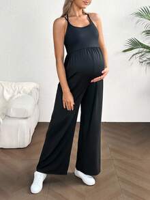 SHEIN 休闲百褶宽松直筒可调节肩带孕妇连体裤 - 黑色 - 查看 6