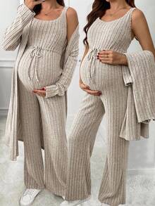 SHEIN 2pcs Maternity Ribbed Long Sleeve Cardigan And Drawstring Waist Jumpsuit Casual Set, Autumn - Apricot - View 3