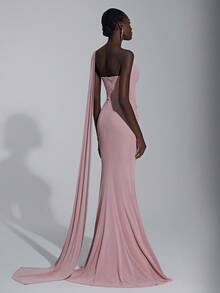 Elitara Elegant Fashionable Lotus Root Pink Knitted Lurex Off-Shoulder Asymmetric Neckline Ruched Waist Mermaid Hem Flare Sleeve Women's Evening Gown, Party Dress,Dress - Dusty Pink - View 2