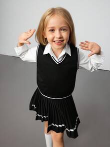Elladie kids Vestă tricotată în stil universitar pentru fete tinere, cămașă albă cu mânecă lungă, costum din 3 piese, uniformă școlară pentru copii, haine pentru fete, seturi de fuste plisate negre și albe pentru copii, haine drăguțe pentru școală, uniformă școlară pentru fete, fustă școlară pentru fete, ținută alb-negru - Negru - Vizualizare 4