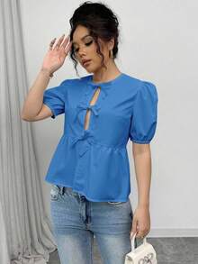 SHEIN Unity 女式夏季泡泡袖蝴蝶结衬衫 - 藍色 - 查看 6