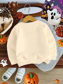 Tween Girls Cute Beige Autumn Halloween Pumpkin Season Leopard Print Bow Graphic Crew Neck Long Sleeve Sweatshirt,Fashionable Matching Family Tops - Apricot - View 2