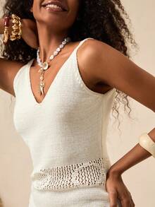 Bóhologie 白色镂空针织无袖超长连衣裙，V 领，透明钩针细节 - 米色 - 查看 7