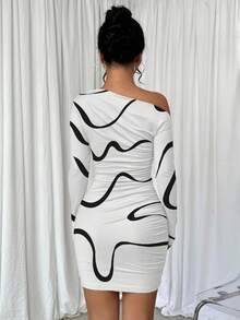 Chiquease Women's Graffiti Print Asymmetric Ruched Long Sleeve Dress Party Night White And Black Summer - White - View 2