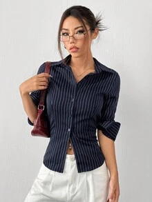 SHEIN EZwear Camisa de mujer de manga larga con rayas tejidas en azul marino, blusas de oficina para mujeres, camisa de rayas, camisas casuales de negocios para mujeres, camisas de oficina para mujeres