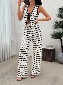 EURMUSE 2pcs/Set French Striped Wavy Beach Knit Set - Multicolor - View 5
