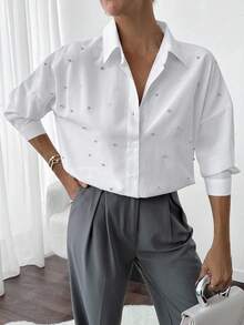 EURMUSE Women's Stylish Rhinestone Embellished Drop Shoulder Shirt - White - View 7