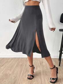 SHEIN Cottnline Women's Solid Color Minimalist A-Line Skirt, Casual Everyday - Grey - View 5