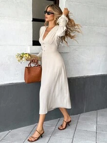 SHEIN Frenchy 女士优雅纯色长袖中长连衣裙，适合通勤 - 杏色 - 查看 5