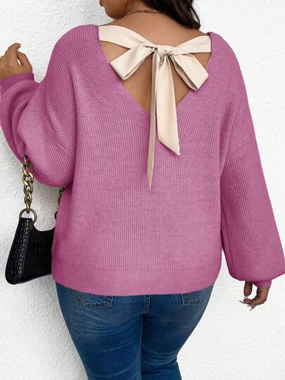 Plus Size Women Casual Loose Knit Pullover Sweater With Back Tie, Long Sleeve, Autumn