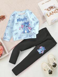 SHEIN Back To School Baby Girl Fashion Casual Cute Rabbit Digital Print Blue Outfit, Cartoon Round Neck Sweatshirt + Leggings Set, Versatile Suit For Girls Matching Girl Outfits Sisters Matching Outfit Baby Girl Winter Clothes Baby Girls Sets Fall - Multicolor - View 4