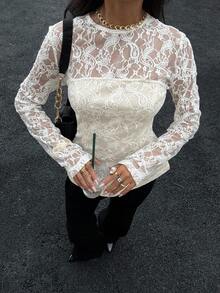 Siren Gaze Women's Double Layer Lace Patchwork Long Sleeve Blouse Winter Elegant Party Spring - Apricot - View 3